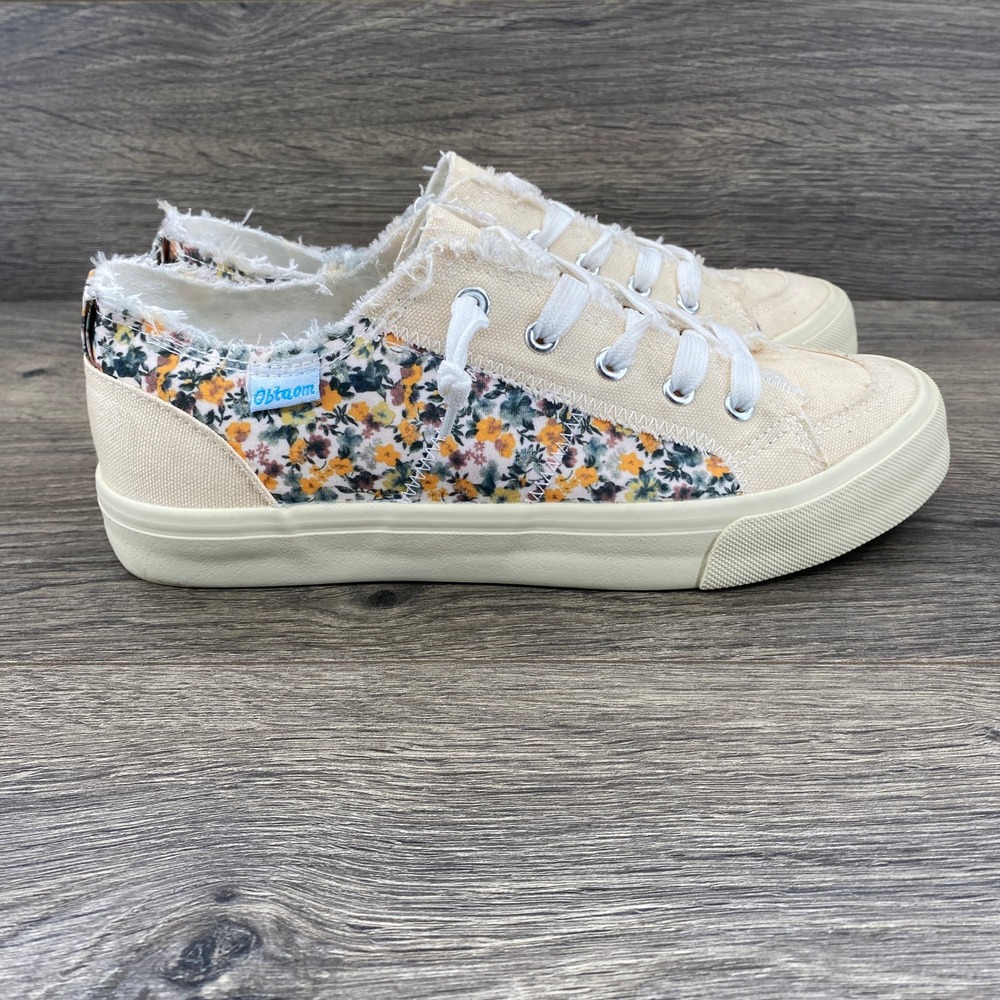 Obtaom Canvas Sneakers Womens Size 9 Cream Floral Distressed Frayed ZY-K21011